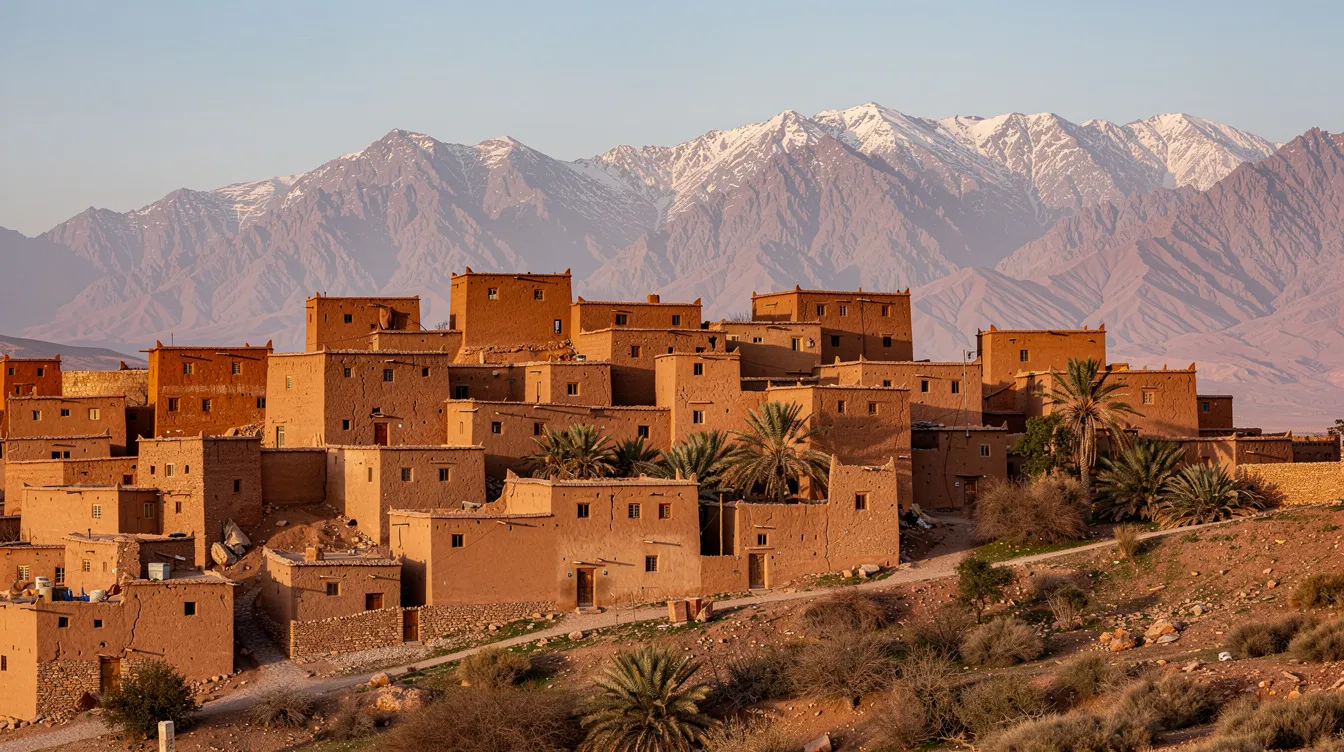 The image shows a panoramic view of an ancient mud-brick kasbah village nestled in the stunning landscape of the Sahara Desert, with the majestic High Atlas Mountains rising in the background. This scene captures the essence of Morocco's rich culture and breathtaking beauty, perfect for those looking to embark on unforgettable shared desert tours from Marrakech.