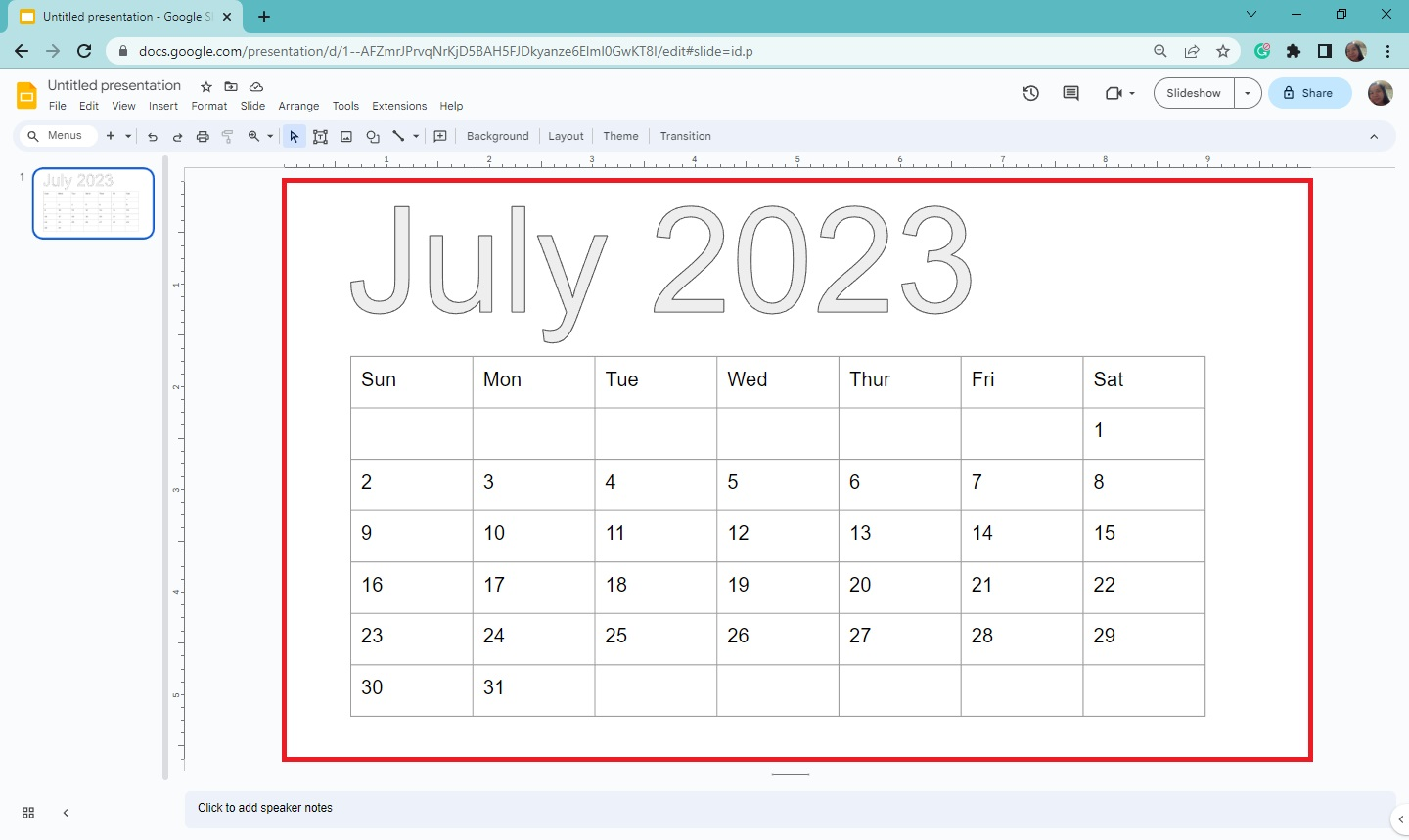 You have now successfully inserted calendar on Google Slides.