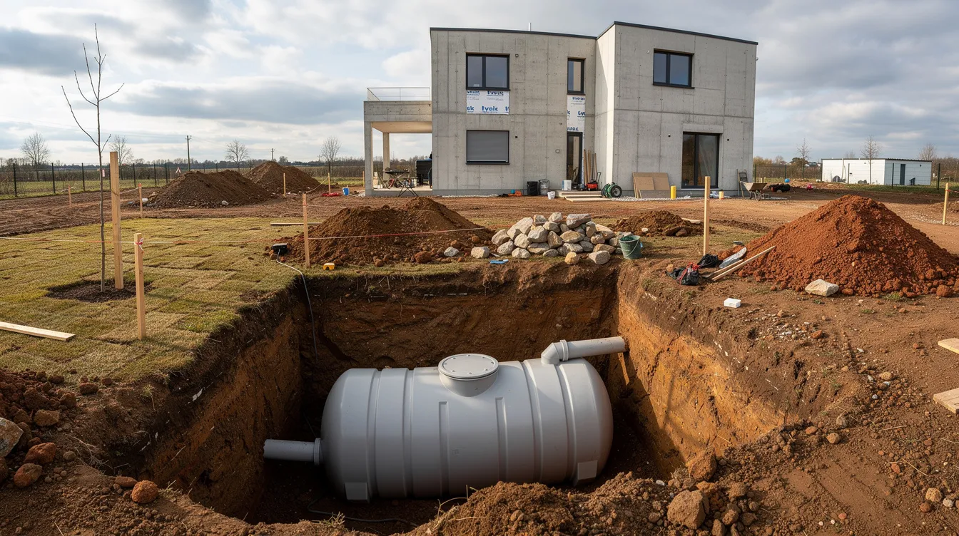 Une cuve de récupération d'eau de pluie est enterrée dans le jardin d'une maison en construction, entourée de terre fraîchement remuée, illustrant une solution de gestion des eaux pluviales à la parcelle. Le terrassement visible indique les travaux en cours pour respecter les obligations de construction liées au code de l'environnement.