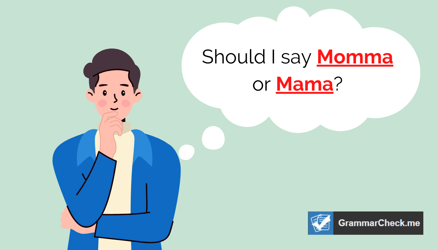 man thinking if he should say momma or mama with a green background