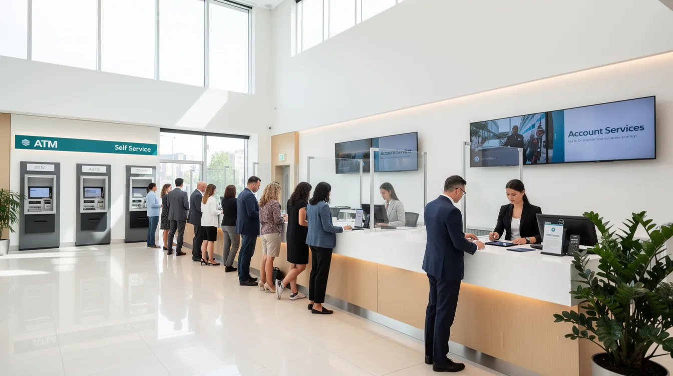 The image depicts a modern bank branch bustling with customers engaging in various banking transactions, showcasing the importance of financial inclusion and digital banking services. Inside, clients are using technology to manage their accounts, reflecting the growth and innovation in the banking sector in Tanzania, particularly with institutions like Stanbic Bank and CRDB Bank.