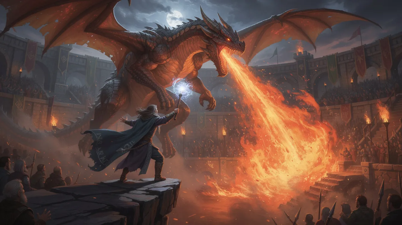 Ein junger Zauberer steht mutig auf einer Felsklippe und konfrontiert einen großen, feuerspeienden Drachen, während Funken und Flammen die Luft um ihn herum erfüllen; im Hintergrund ist eine Arena mit aufgeregten Zuschauern zu sehen, die das spannende Abenteuer verfolgen. Diese Szene erinnert an die aufregenden Kämpfe aus den Harry Potter Büchern, wo Magie und Freundschaft im Mittelpunkt stehen.