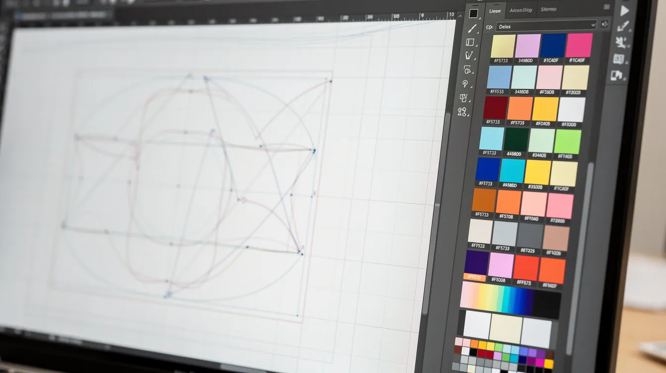 The image features a close-up view of vector design work displayed on a digital screen, showcasing various color swatches used for logo design and brand identity. Tools from Adobe Creative Cloud, such as Adobe Illustrator, are likely utilized to create a polished and memorable brand logo that aligns with modern design aesthetics.