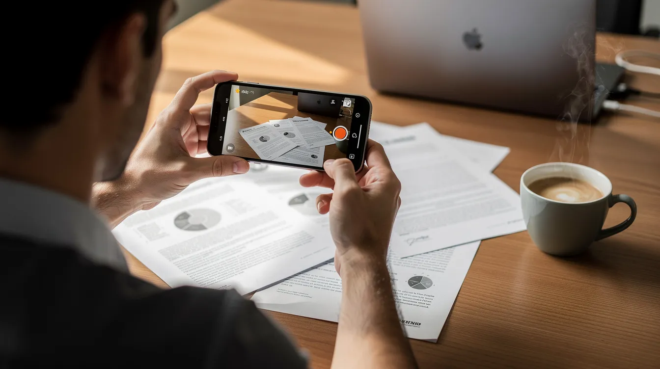 A person is using a smartphone to photograph documents spread across a desk, with a steaming cup of coffee positioned nearby. This scene suggests a focus on financial matters, possibly related to loan applications or terms, as indicated by the presence of paperwork.