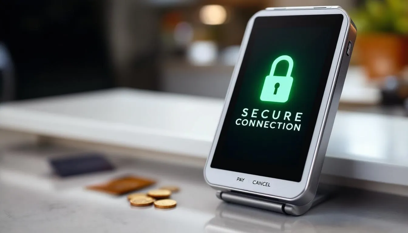 The image depicts a secure payment terminal showcasing various encryption and security features, essential for processing credit card payments. This device highlights the importance of payment processing systems in ensuring safe transactions for businesses and customers alike.