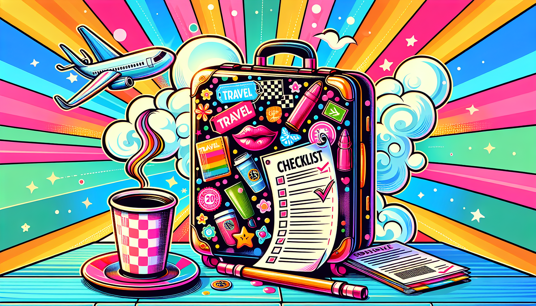 An illustration with tips for a smooth flight from NYC to Dallas, featuring a checklist and travel items.