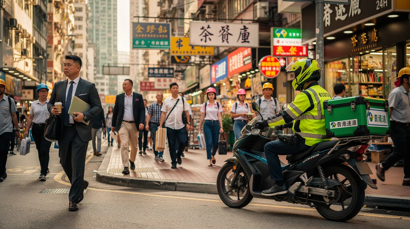 The image depicts a bustling street in Hong Kong, showcasing a diverse group of workers, including a delivery rider on a motorcycle and an office worker walking briskly. This scene reflects the vibrant urban life and the variety of professions in the city.