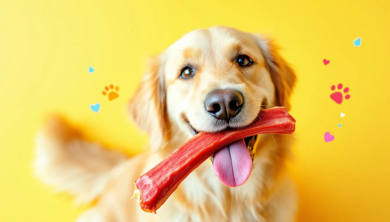 A happy dog chewing on a bully stick, showcasing the joy of daily consumption.