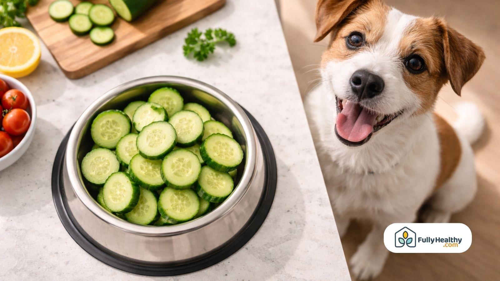 Small dog sitting beside bowl filled with fresh cucumber slices on table