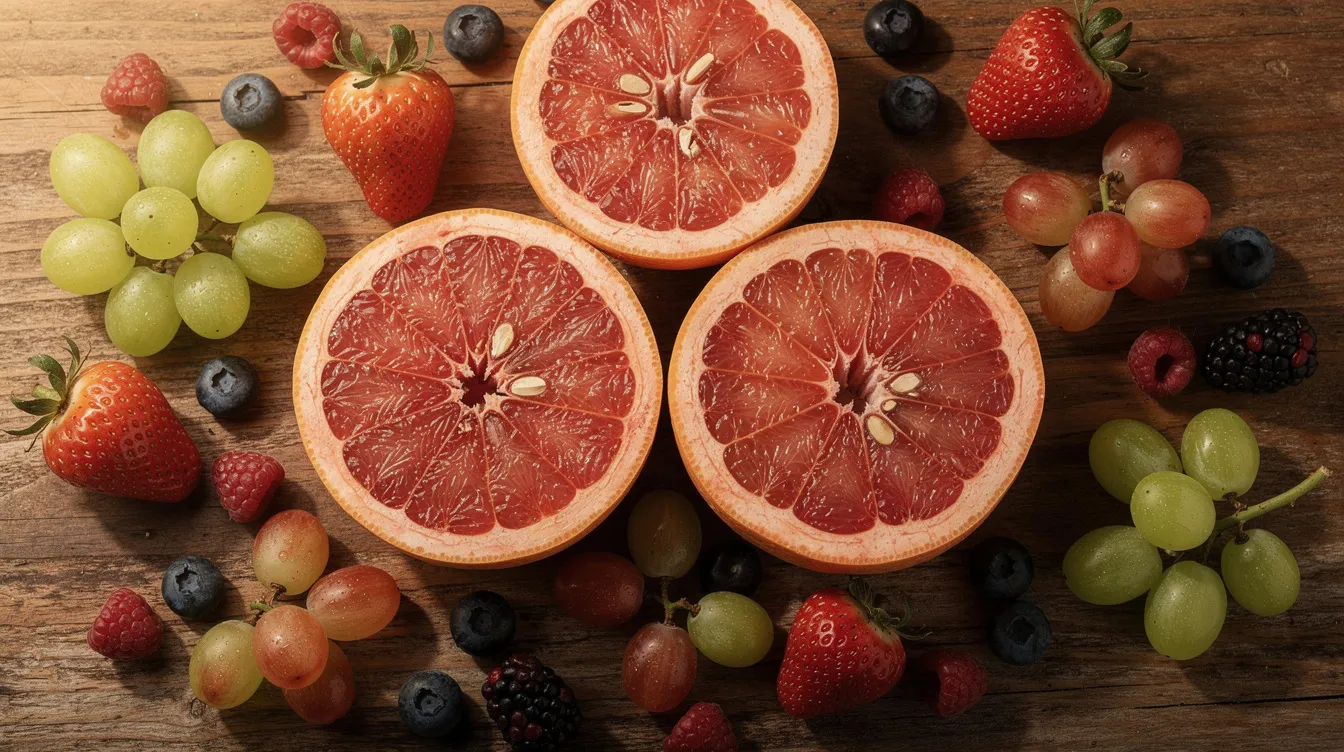 The image features a vibrant arrangement of fresh tropical fruits, including juicy grapes, bright grapefruit halves, and a mix of colorful berries, all displayed on a rustic wooden surface. This visually appealing composition highlights the sweet and fruity flavors reminiscent of the zkittlez strain, known for its relaxing effects and unique taste.