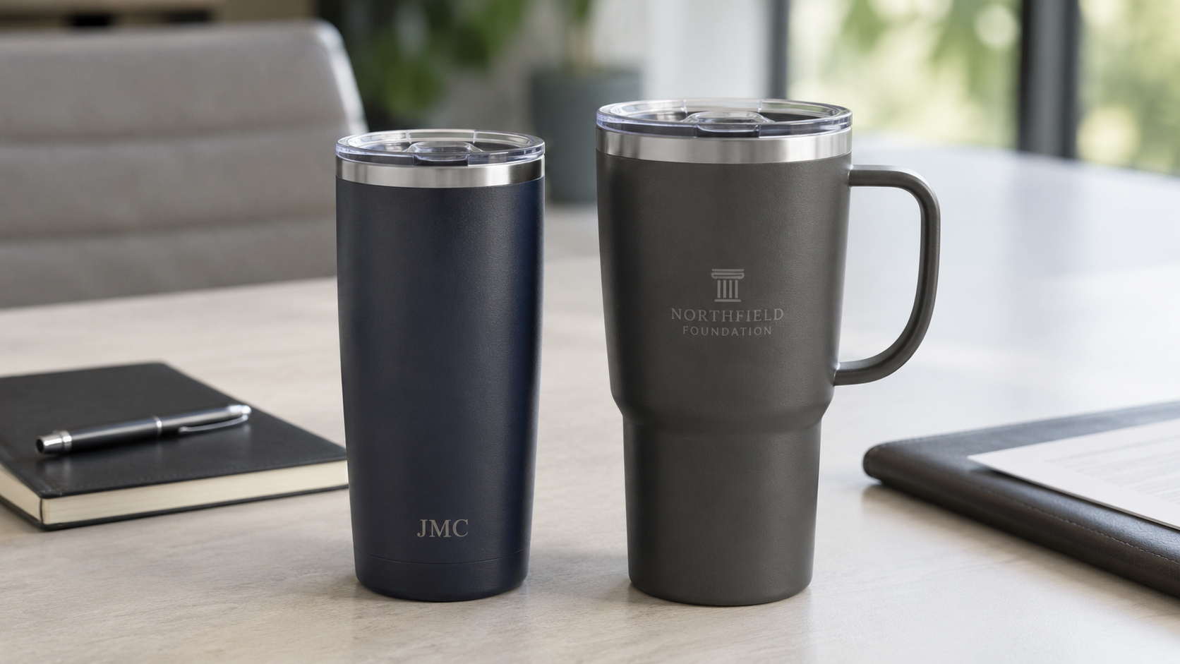 Black executive meeting folio with document pockets, card slots, a pen holder, and lined writing pad