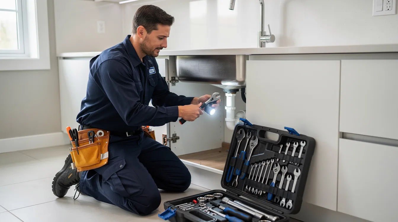 A licensed plumber is kneeling beside an open pipe access panel under a modern kitchen sink, equipped with various tools, ready to address potential plumbing problems. This image highlights the importance of emergency plumbing services in residential areas, ensuring quick responses to issues like burst pipes and major water leaks.