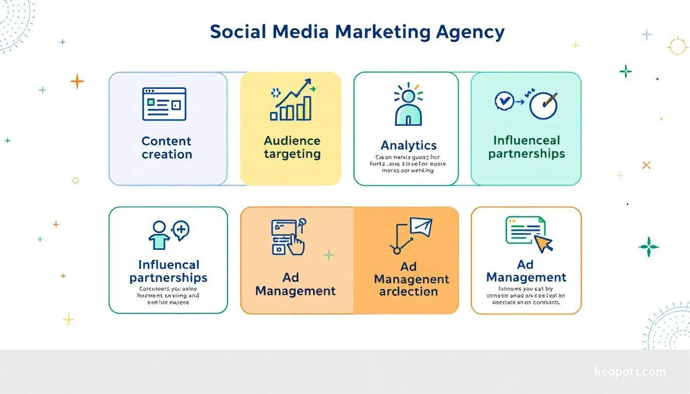 An infographic displays various services offered by a social media marketing agency, including community management, content creation, and social media advertising. It highlights the agency's expertise in managing social media presence across different platforms and creating engaging campaigns tailored to target audiences.