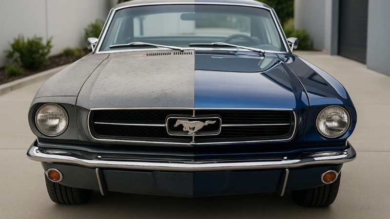 Comparison of fresh blue vinyl and years old grey vinyl wrap on Dodge's hood