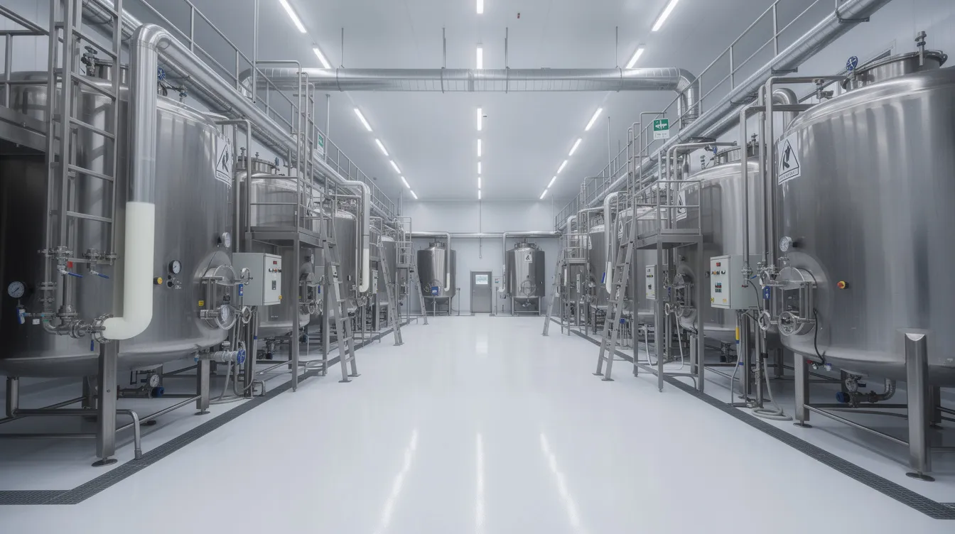 de703a08 73b8 46f4 b1c9 6ab886ba99d3 The image depicts the interior of a modern cheese manufacturing plant, featuring large stainless steel tanks and intricate piping systems that are essential for the cheese production process. This facility highlights the advanced manufacturing operations involved in transforming raw materials into processed cheese products, reflecting the industry's commitment to efficiency and quality.