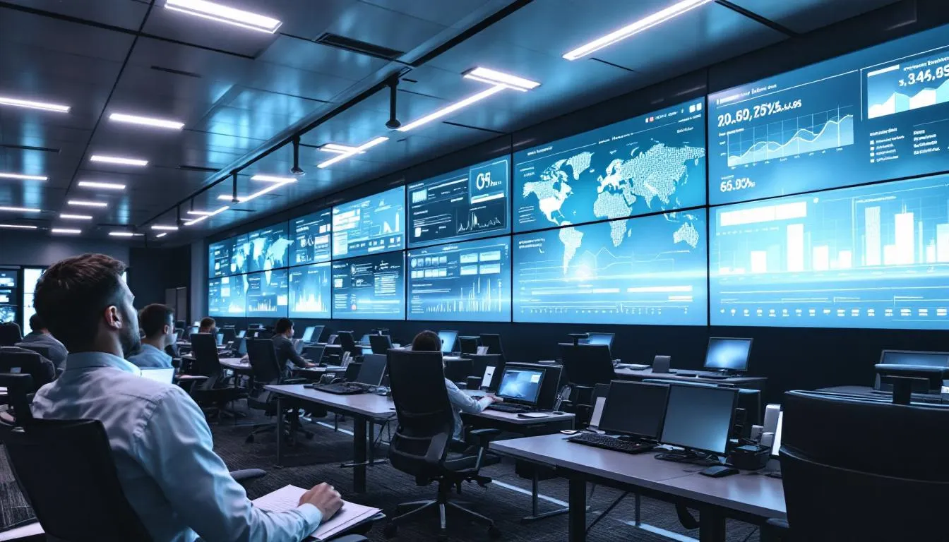 The image depicts a modern payment processing center featuring multiple monitors displaying real-time global transaction data, ideal for forex traders and businesses involved in international payments. This setup highlights the advanced technology and tailored payment solutions necessary for navigating the complexities of the forex industry and foreign exchange market.