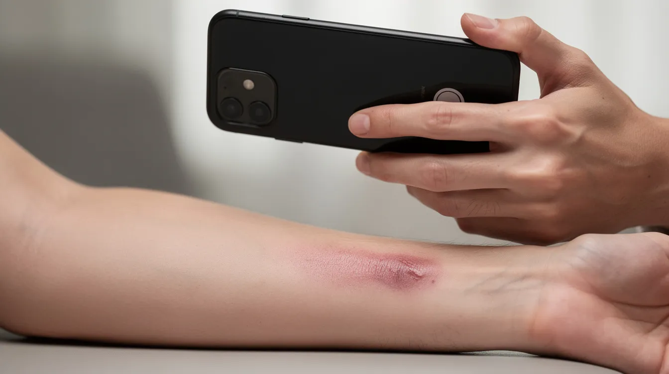 A person is using a smartphone camera to take a photo of an injury on their arm, possibly to document a workplace injury for a workers compensation claim. This image highlights the importance of seeking medical treatment and documenting injuries to ensure fair compensation through the workers compensation system.