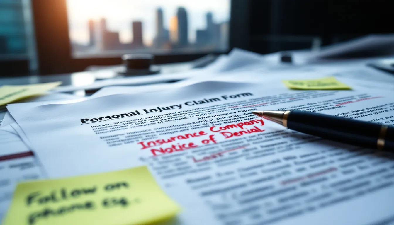 A blurred image of legal documents related to car accident claims, highlighting the complexities of personal injury claims for car accident victims in Denver. The documents emphasize the role of accident lawyers in navigating insurance company processes and the various types of damages recoverable in car accident cases.