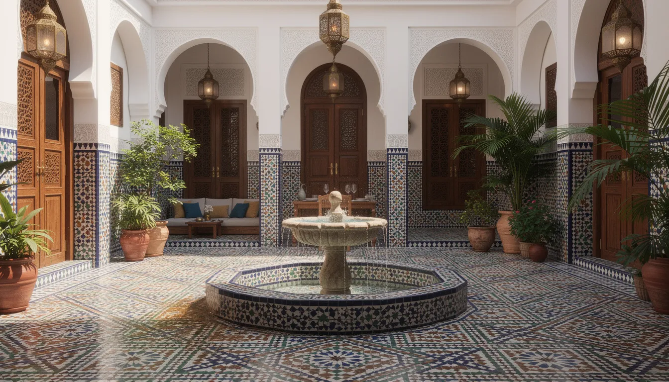 The image showcases a traditional Moroccan riad courtyard featuring a serene fountain surrounded by intricate zellige tilework, reflecting the rich culture and Islamic heritage of Morocco. This picturesque scene invites travelers to explore the beauty of the old medina, a testament to the country's vibrant history and architectural elegance.