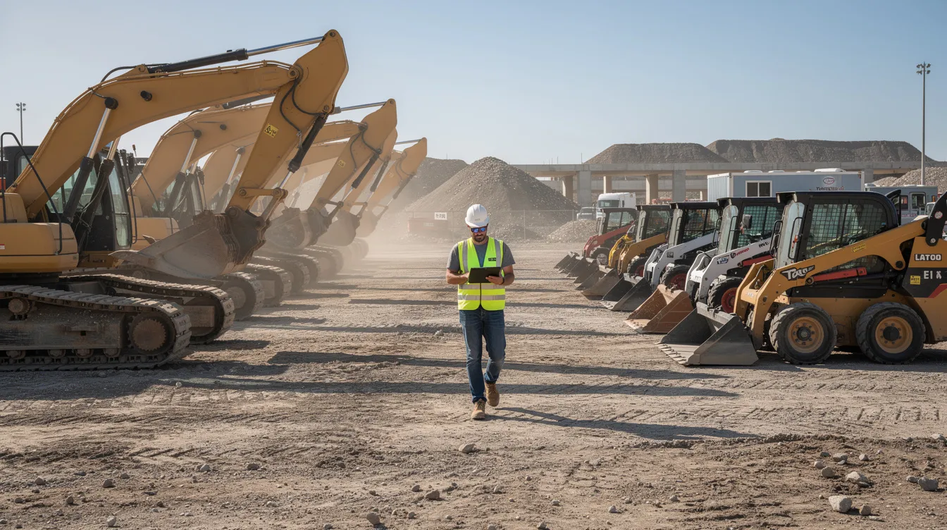A row of construction machines, including excavators and skid steers, is parked at a dusty job site, while a worker walks between them holding a tablet. This scene highlights the importance of equipment management and real-time asset tracking in the construction industry for operational efficiency and cost reduction.