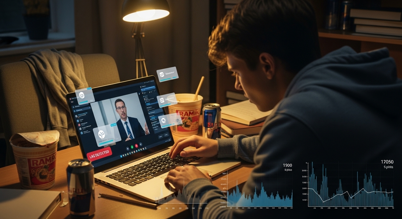 Student experiencing lag on a virtual desktop due to poor internet connection, with buffering and latency indicators visible.