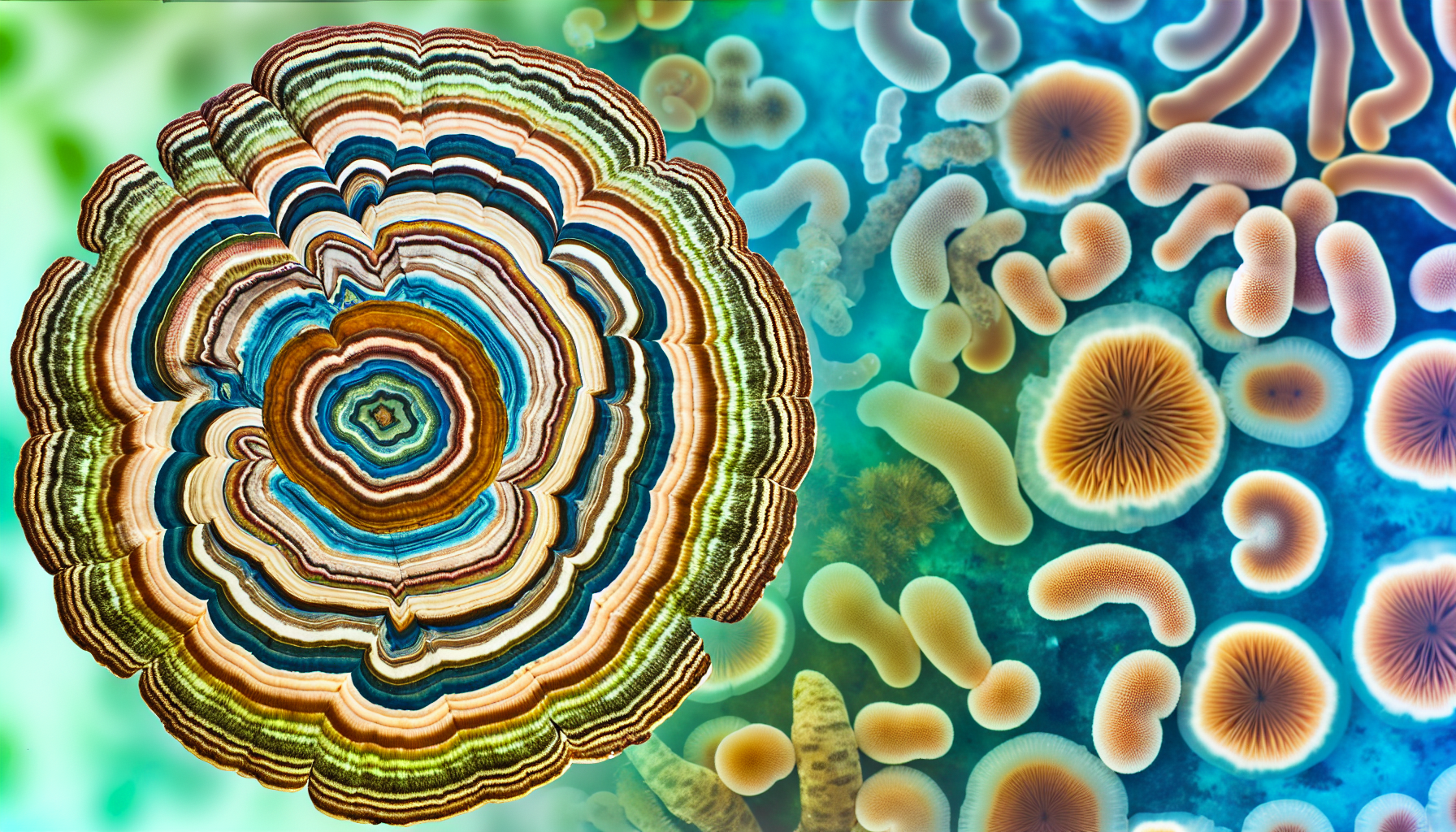 Close-up of turkey tail mushrooms with gut microbiome background