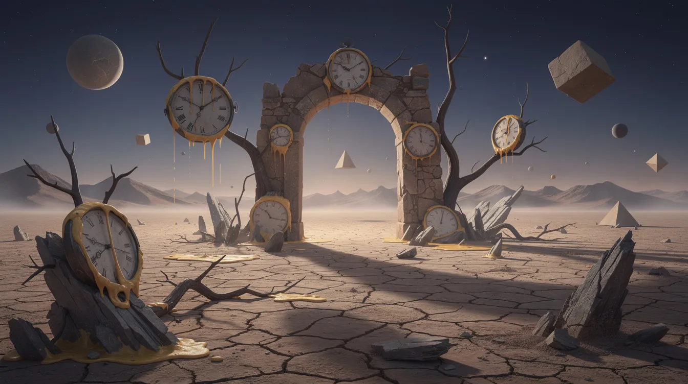 Das Bild zeigt eine traumhafte Landschaft mit schmelzenden Uhren, die an surrealistische Werke von Künstlern wie Salvador Dalí erinnern. Unter einem dunkelblauen Himmel schweben verschiedene Objekte über einer weiten, trockenen Ebene und schaffen eine faszinierende Darstellung der Realität und des Unterbewusstseins.