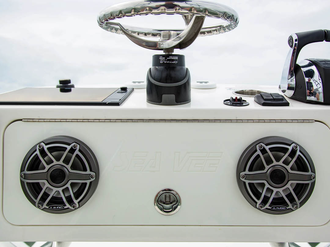 A marine audio system with speakers placed and mounted for optimal sound quality