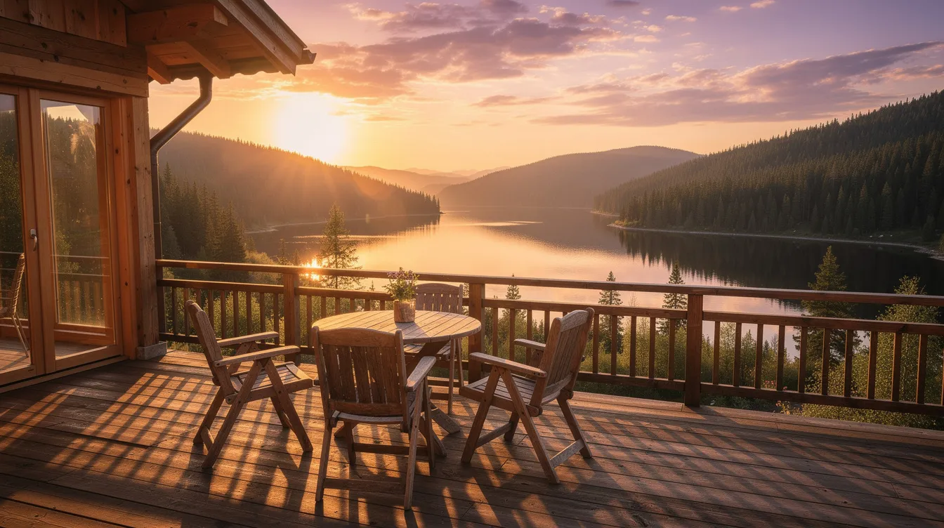 A chalet terrace for sale offers panoramic views of a sparkling lake and verdant forest, all bathed in the warm colors of the sunset. This idyllic waterside setting invites you to relax and contemplate.