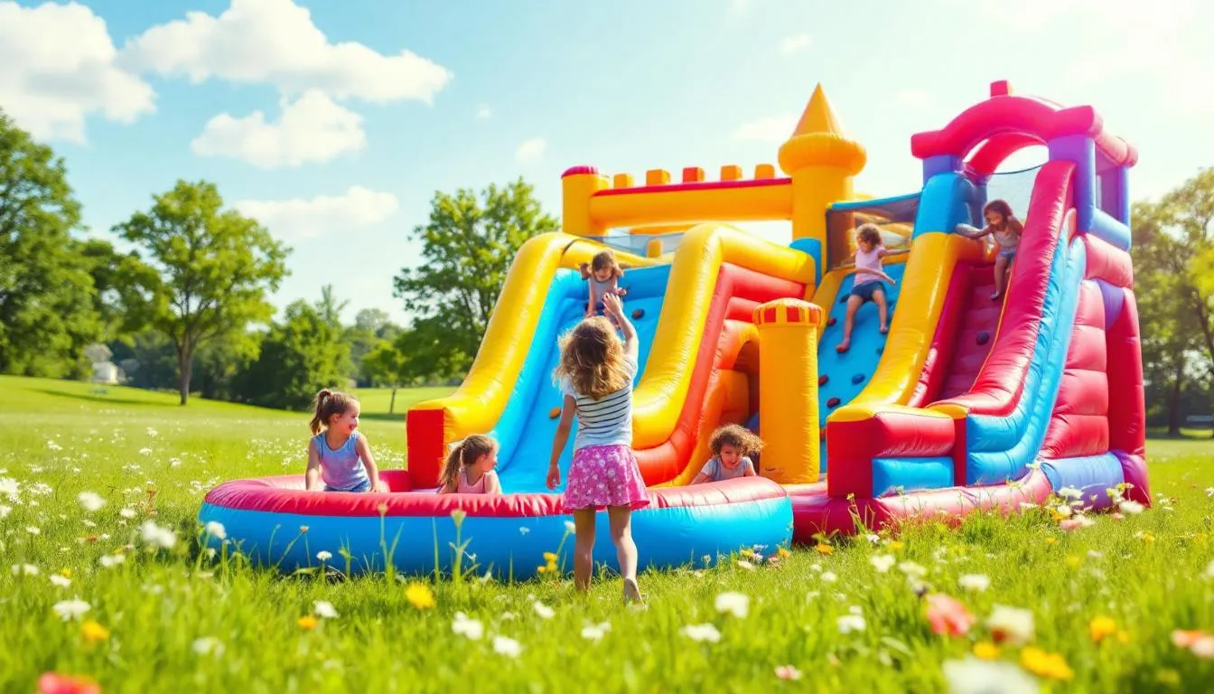 On a green meadow there are colorful inflatable castles and slides—attractions for kids at a company picnic. It’s an ideal spot to bring employees and their families together in a relaxed atmosphere.