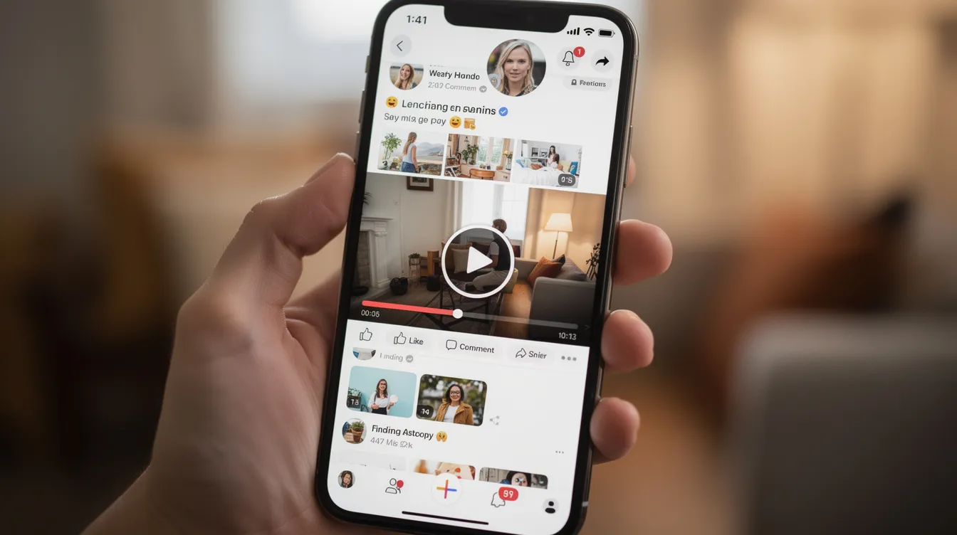 The image features a smartphone screen displaying a vibrant social media feed with various video clips playing, showcasing colorful graphics and animated text that grab the viewer's attention. This digital content highlights promotional videos and engaging posts designed to connect with audiences on popular social media platforms.