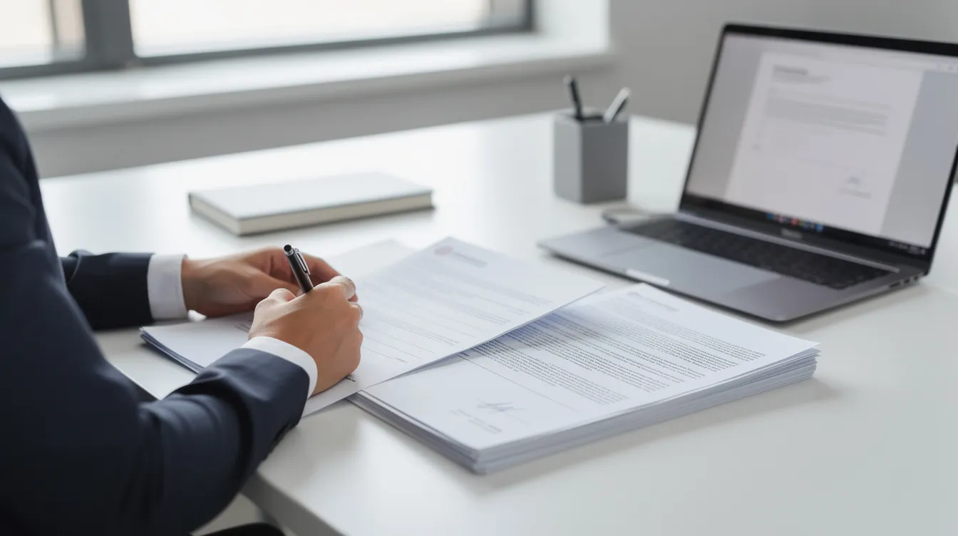 A person is seated at a clean desk, diligently filling out official paperwork while using a pen and a laptop. This scene reflects the importance of organizing personal and business finances, particularly for those interested in forming an LLC for dropshipping or managing a business bank account.