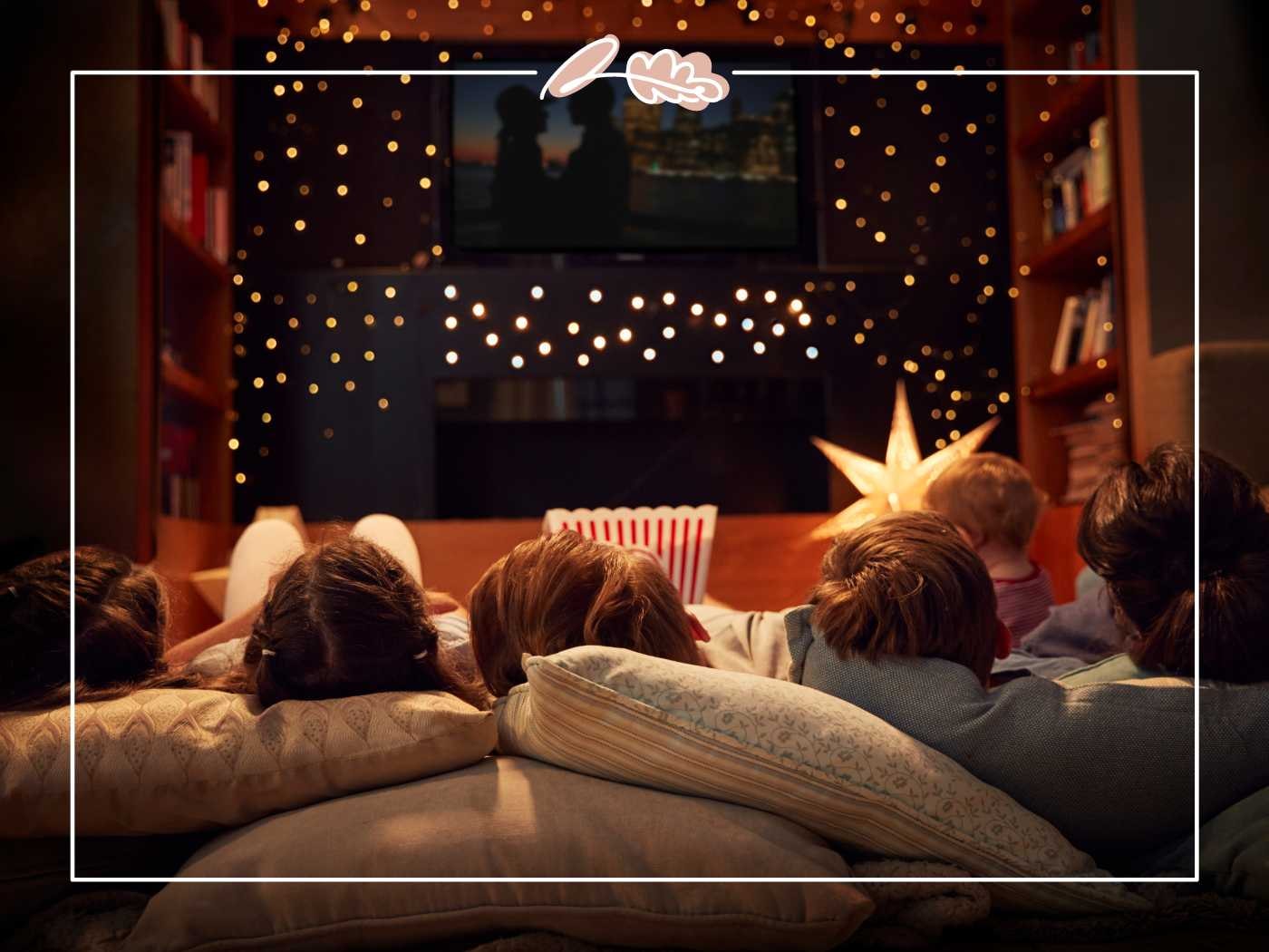 A family watching a romantic movie with fairy lights in the background, setting a cosy Netflix night atmosphere - Fabulous Flowers and Gifts.