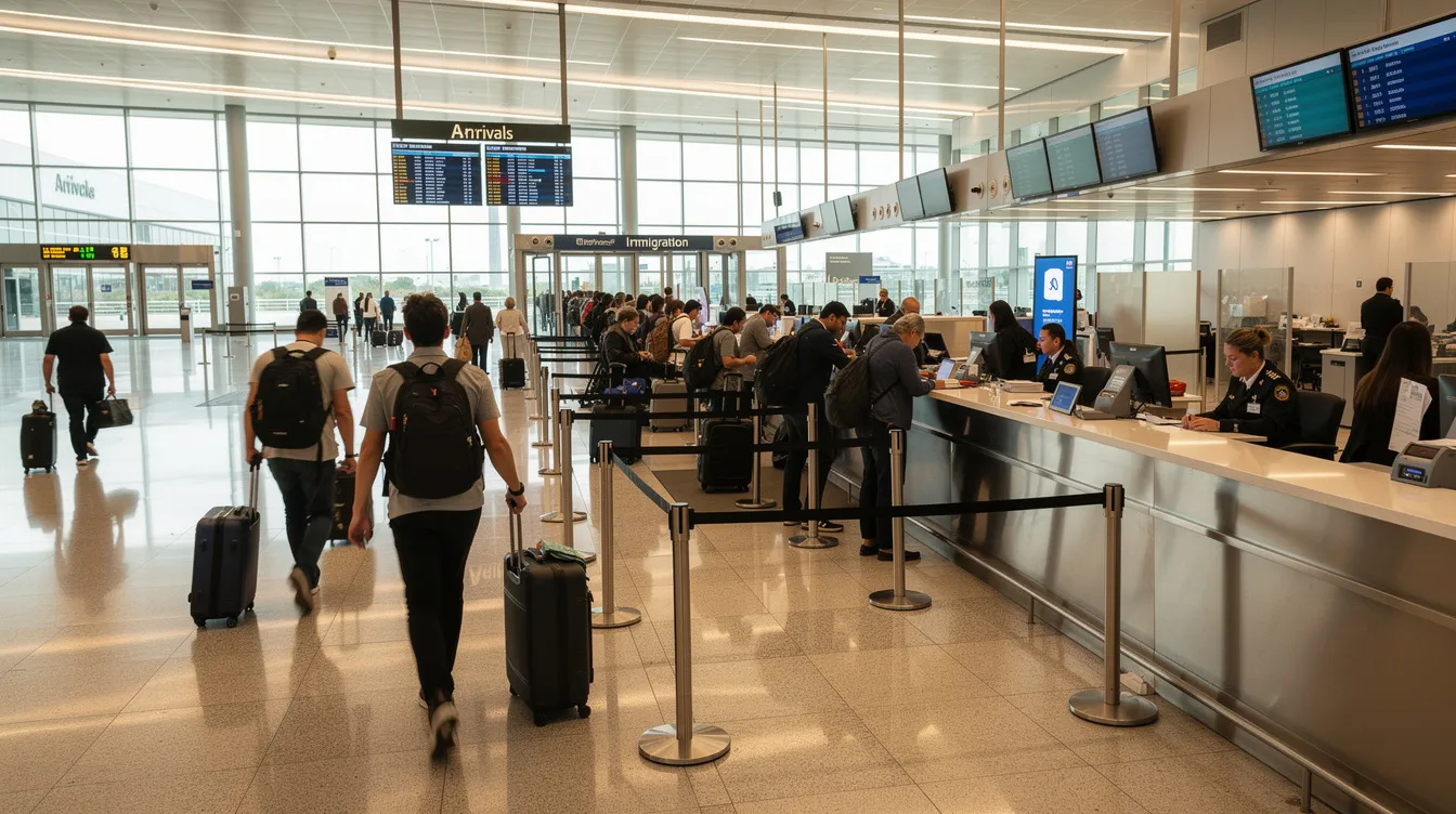 The image shows an airport arrivals area bustling with passengers walking through an immigration checkpoint, where individuals present their passports and documents required for entry. Some travelers may be applying for a tourist visa or an entry visa, while others may be focused on their plans for a holiday or business trip in New Zealand, Ireland, or other destinations.