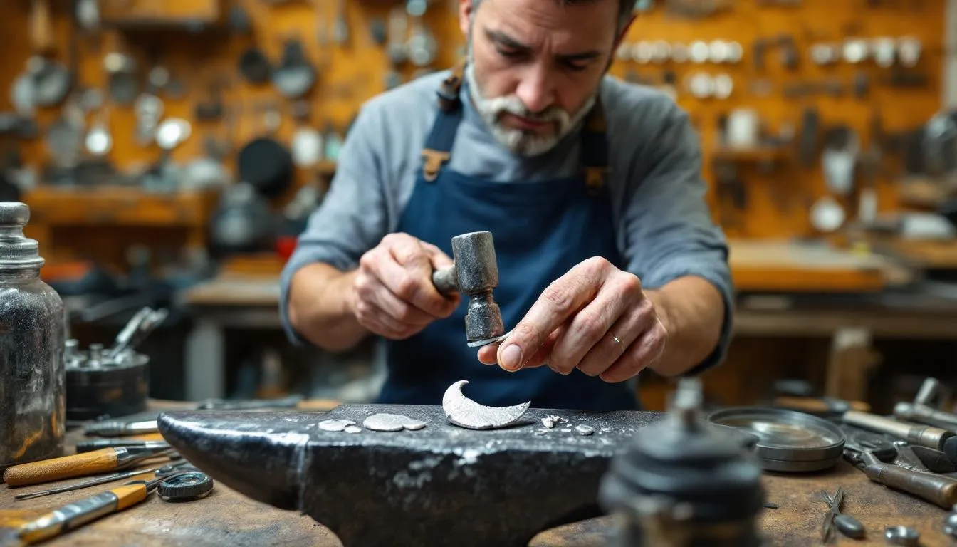 The image showcases various techniques in silversmithing jewellery, featuring jewellery making tools such as hammers, pliers, and soldering equipment arranged in a well-organized workshop. The scene highlights the craftsmanship involved in creating unique pieces from precious metals like silver and gold, emphasizing the design skills and quality that jewellery makers strive for.