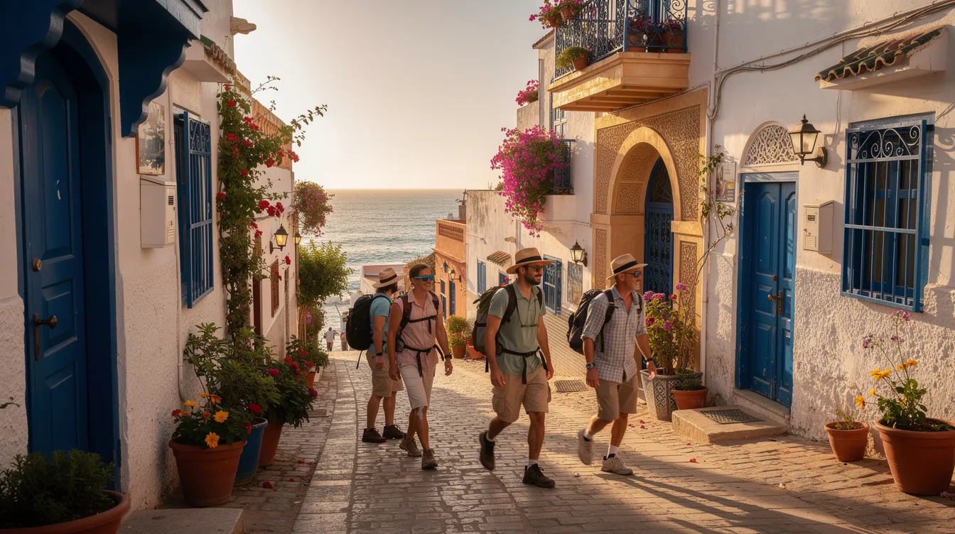 Travelers stroll through a sunny Moroccan coastal town, characterized by white buildings and the vibrant blue sea in the distance. This picturesque scene captures the essence of Morocco in July, where the summer heat invites visitors to explore the beautiful architecture and enjoy the coastal atmosphere.