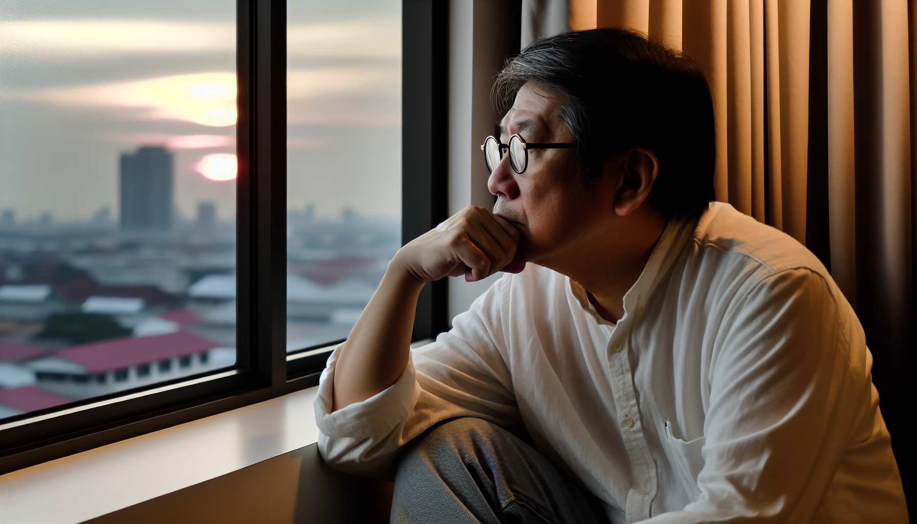 Person sitting alone by the window, looking outside and contemplating