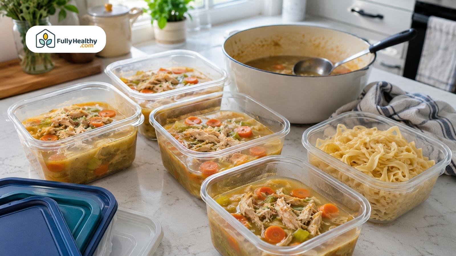 Chicken noodle soup portioned into containers with noodles stored separately for freezing