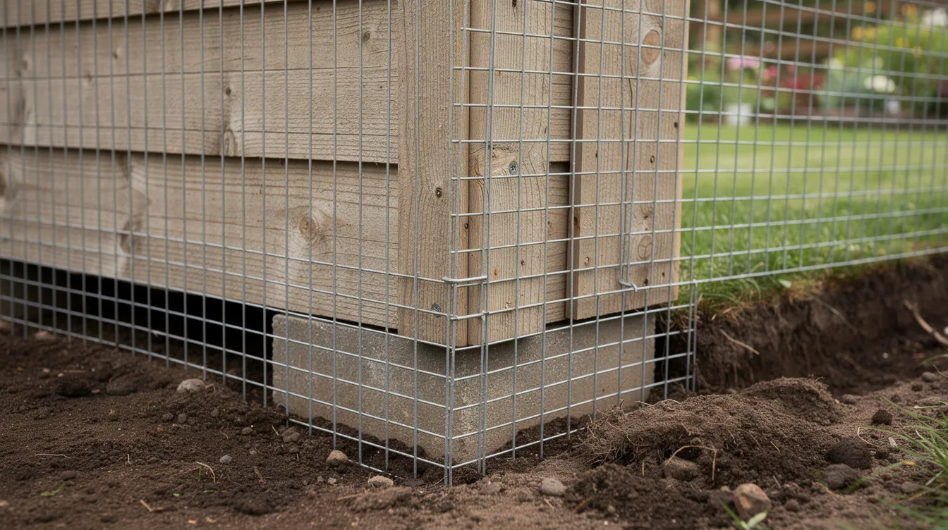 The image shows galvanized wire mesh hardware cloth installed in an L-shape at the base of a wooden garden shed, partially buried in a freshly dug trench. This setup is an effective measure for preventing skunks and other wildlife from creating a den entrance under the shed, especially during baby season when mother skunks seek shelter for their young.