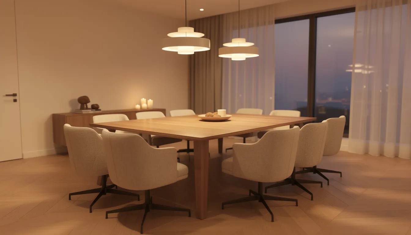 Een moderne eetkamer met luxe draaibare eetkamerstoelen rondom een houten eettafel, verlicht door warme lampen. De strakke lijnen van de meubels en de draaifunctie van de stoelen zorgen voor een stijlvolle en comfortabele eetervaring.