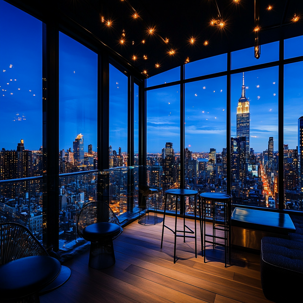 An exciting rooftop bar hopping experience with stunning views of the NYC skyline, ideal for bachelorette parties.