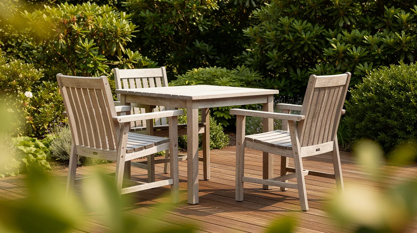 En stilren uppsättning av exklusiva teakmöbler med silvergrå patina står på ett trädäck, omgiven av grönska och växter. Möblerna inkluderar ett bord och stolar, vilket skapar en inbjudande atmosfär för avkoppling utomhus.