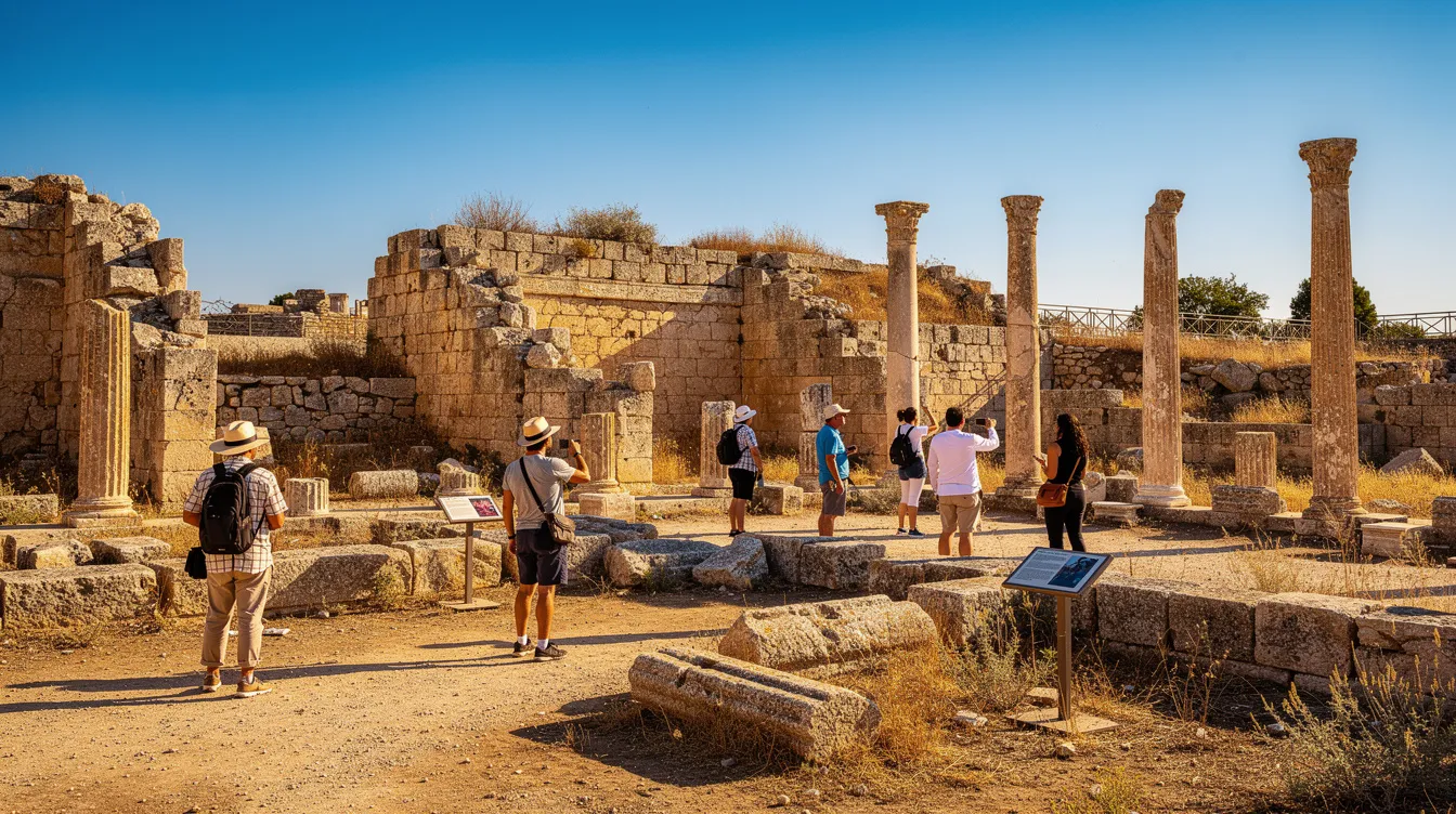 Visitantes observando las impresionantes ruinas antiguas en un sitio arqueológico bajo el sol, rodeados de un paisaje que refleja la rica historia de Turquía. Este lugar es ideal para los viajeros que buscan explorar los destinos históricos de Estambul y disfrutar de actividades culturales.