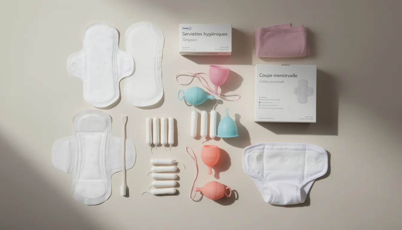 L'image montre différents types de protections menstruelles, tels que des serviettes, des tampons et des coupes menstruelles, soigneusement disposés sur une surface claire. Ces produits sont essentiels pour la gestion des menstruations et font partie intégrante du cycle menstruel des femmes.
