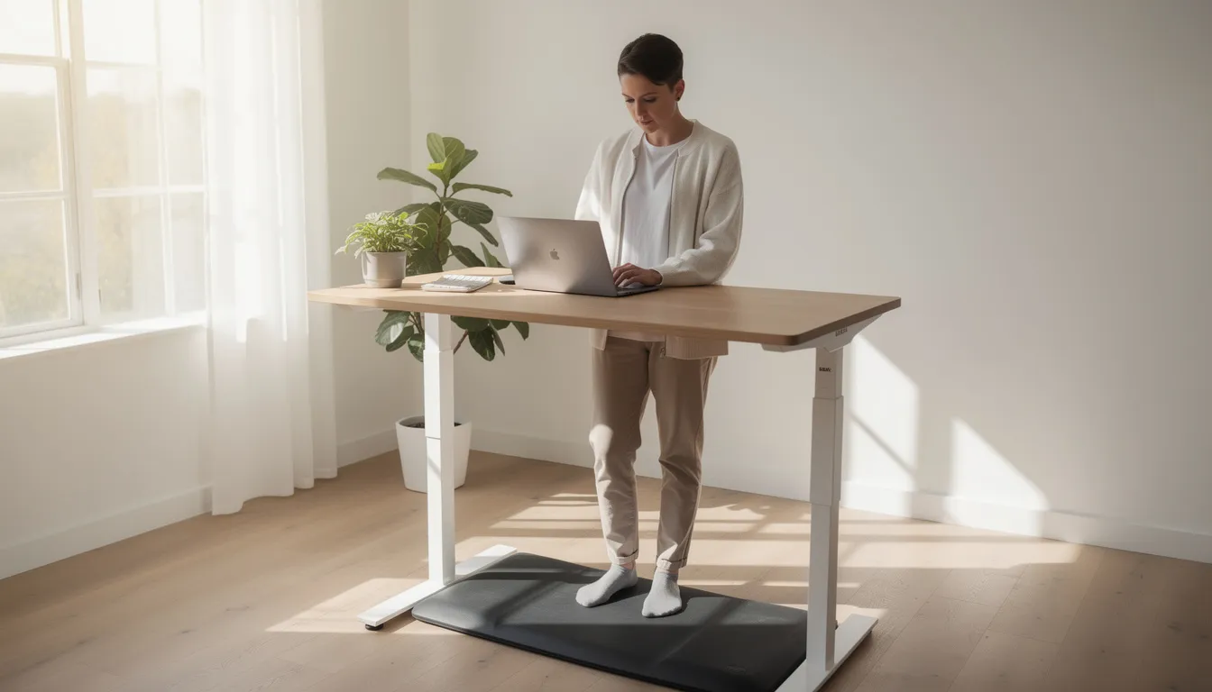 A person is working at a modern standing desk in a bright home office, benefiting from natural light streaming in. The height adjustable standing desk allows for easy switching between sitting and standing positions, promoting better posture and energy levels during long work hours.