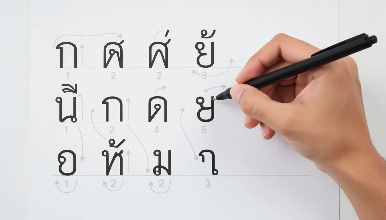 An image shows a hand illustrating the proper stroke order for writing basic Thai consonants, essential for learning Thai language and script. The demonstration highlights the initial consonants and their correct formation, which is crucial for Thai writing and pronunciation.