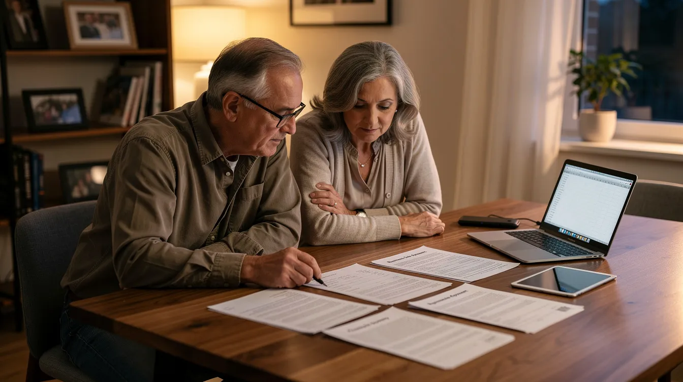 An older couple sits at their dining table, reviewing financial documents related to their recent sale of an online business, specifically an Amazon FBA business. They appear focused and engaged, discussing aspects such as the asset purchase agreement and potential buyers as they plan their next steps in managing their seller central account.
