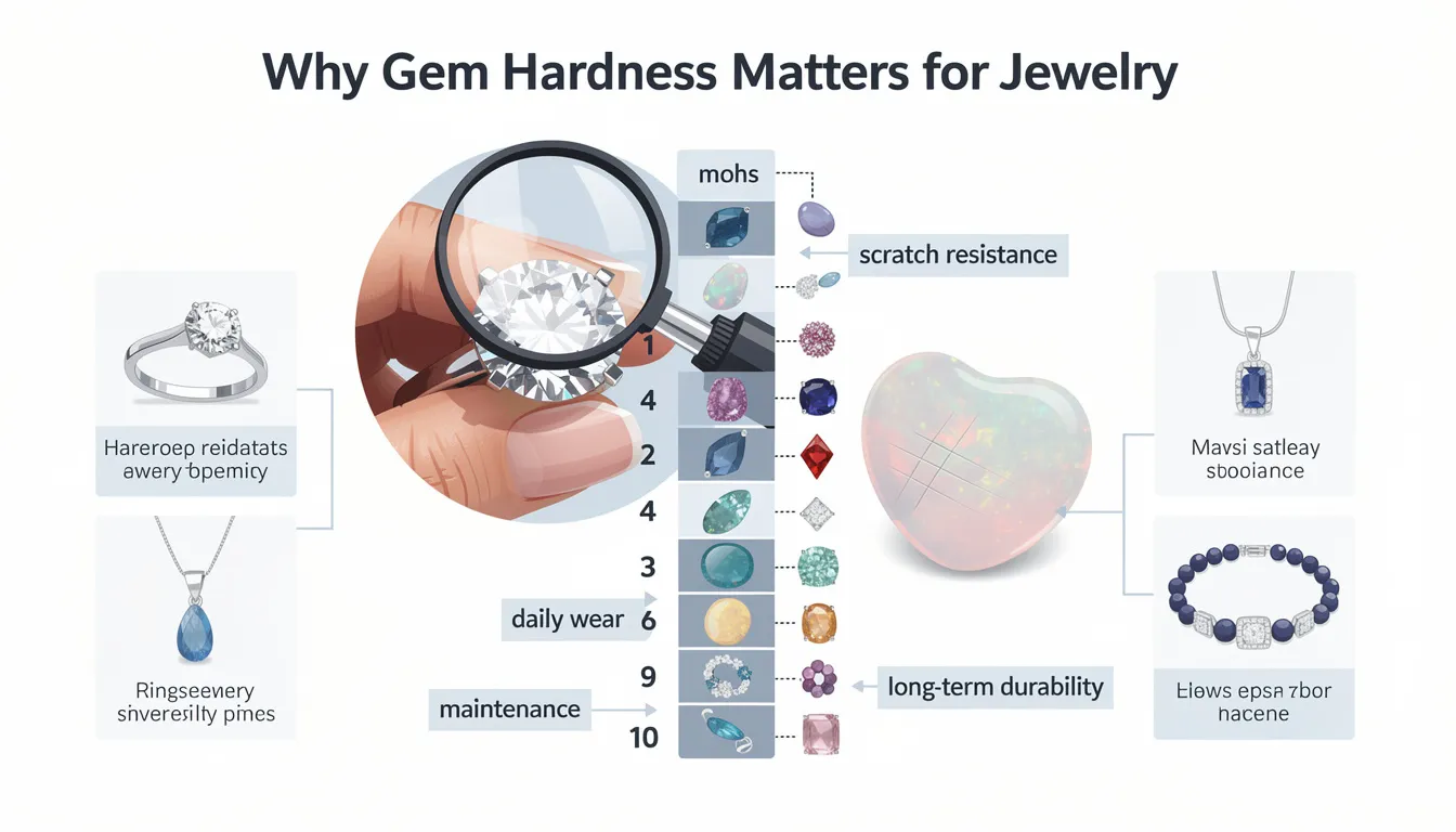 The image illustrates the importance of gemstone hardness in jewelry, emphasizing the Mohs hardness scale, which ranks minerals based on their scratch resistance. It highlights how understanding hardness values helps buyers assess the durability of popular gemstones like diamonds and sapphires, ensuring their jewelry maintains its appearance over time.