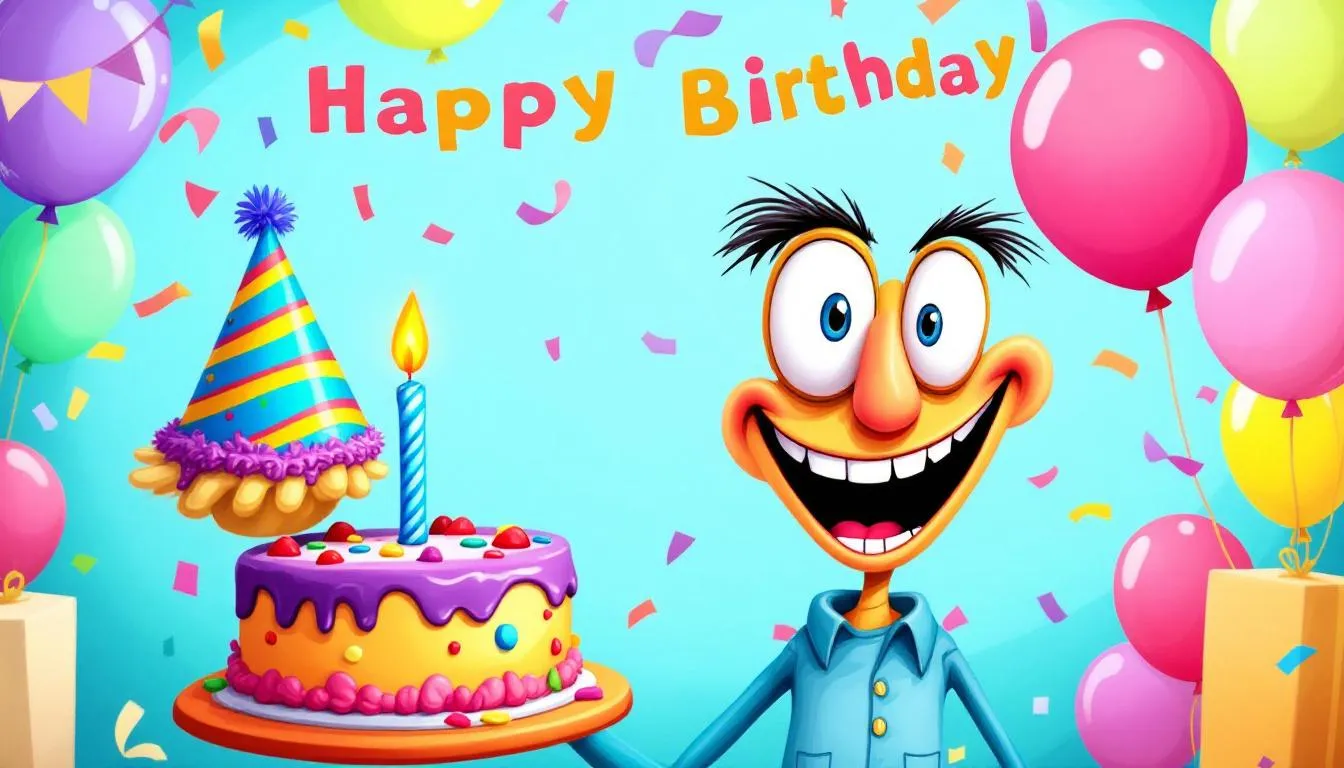 An illustration of a colorful and humorous birthday e-card featuring a cartoon character with a big smile, surrounded by balloons and confetti, perfect for sharing laughter and joy with friends and family on their special day. The card is designed to evoke smiles and celebrate birthdays with a touch of fun and humor.