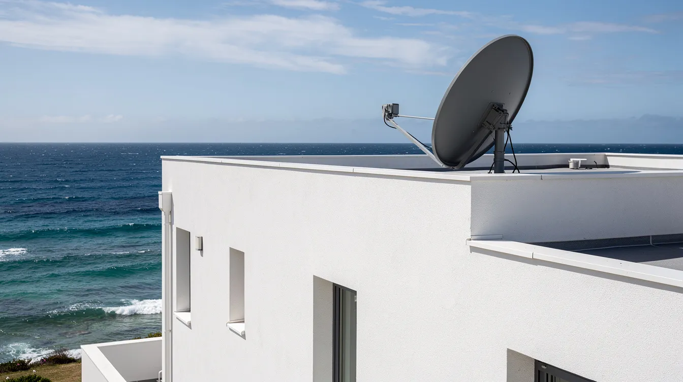 A satellite dish is mounted on the side of a white coastal home, with the vibrant blue ocean visible in the background. This setup represents a standard DSTV installation, ensuring quality entertainment and optimal reception in coastal areas like Hartenbos.